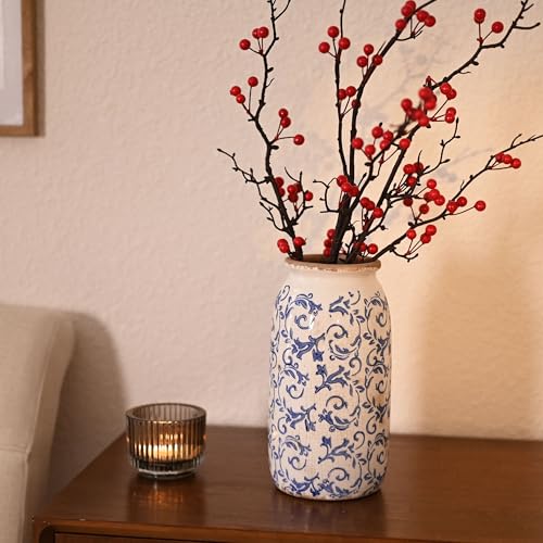 VICTOR & TERESA Rustic Blue and White Vase for Home Decor, Ceramic Vases for Flowers, Modern Farmhouse Decorative Vases for Pampas Grass,Table, Mantel, Living Room,Bookshelf, Centerpieces, 8'' - color: Blue and White, size: Medium-8''
