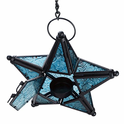 Morocco Metal Star Glass Lantern Wall Hanging Candle Holder for Decorative Wedding Party Home Decoration Birthday Party (Blue) - color: Blue