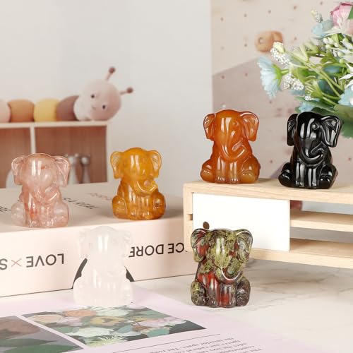 Crystal Elephant Figurine 1.5" Dragon Bloodstone Cute Animal Statue for Women Paperweight Hand Carved Reiki Healing Sit Elephant Decor for Home, Office