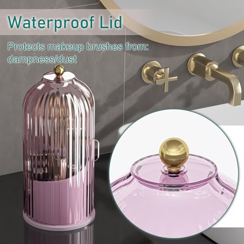 GAXmi Makeup Brush Holder with Lid Cosmetic Tools Organizer 360 Rotating Waterproof Dustproof Beauty Brushes Storage for Vanity, Pink-Purple - color: Pink-Purple