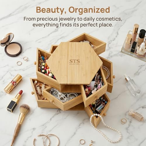 360° Rotatable Bamboo Desktop Organizer, Large Capacity Cosmetic & Jewelry Storage for Makeup Serum, Diamond, Easy Setup No Assembly (9)