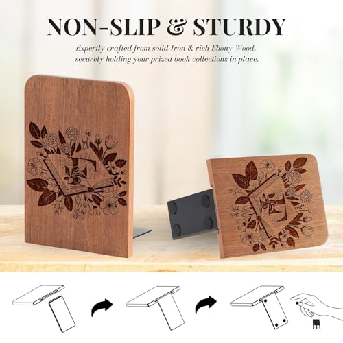 Wood Bookends, Book Ends for Shelves with Decorative Alphabet A and Z Design - Heavy Duty Iron & Ebony Wood Book Ends for Shelves Bookcase Desk - 1 Pair - F - color: F