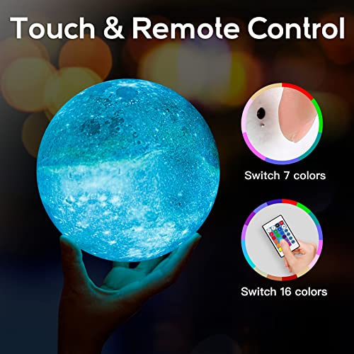 BRIGHTWORLD 7.1inch Galaxy Lamp 16 Colors Moon Lamp 3D Printing, Remote & Touch Control USB Rechargeable, Birthday Gifts for Women Room Decor Aesthetic（Black Hand Base） - style: 7.1in Black Hand Base