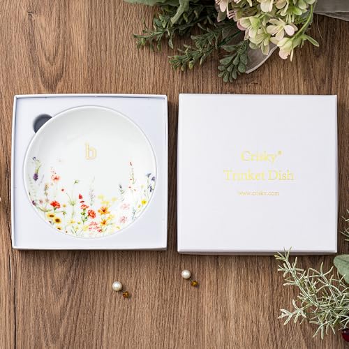 Crisky Initial Jewelry Tray Ring Dish & Gift Box, Ceramic Flower Trinket Dish for Rings Earrings Necklaces Keys, Bridal Shower Engagement Birthday Gift for Women, Friends 4.57" (Gold Foil B - style: Initial B