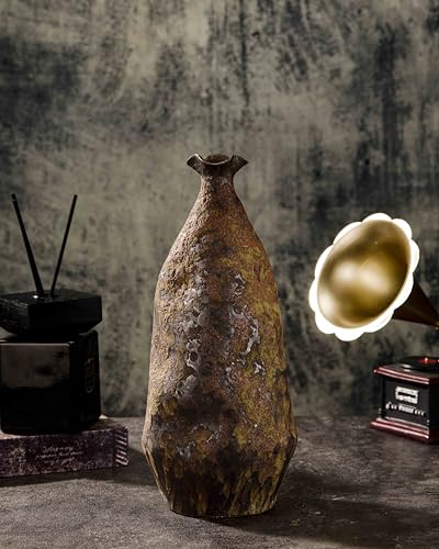 Handmade Wabi-Sabi Ceramic Vase - 13.3" Rustic Farmhouse Decor, Primitive Home Accent for Living Room, Cottagecore Gift (5.5"x5.5"x13.3")