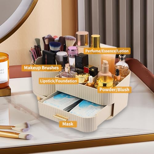 Makeup Organizer Countertop with Drawer 360 Rotating Brush Holder Storage Large Capacity Skincare Cosmetic Display Cases for Vanity Bathroom Desktop, Model 3016 Cream - color: Cream