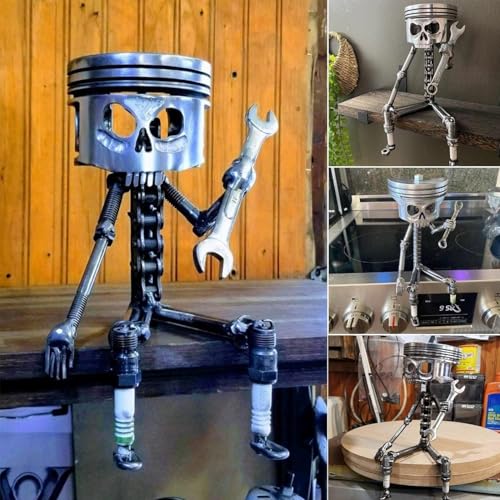 Carving Piston Face Sculpture Metal Art Figurine,Carved Skeleton Sculpture Ornaments,Handmade Man Head Statue Office Home Table Desk Decor, SliverCarving Piston Face Sculpture