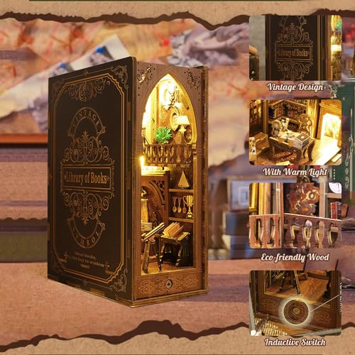 Book Nook Kit, MOJINO DIY Miniature 3D Puzzle Wooden Bookends Doll House with LED Lights for Bookshelf Decor, Tiny Miniverse Model House Art Craft for Adults Gril Halloween Christmas Decoration Gift