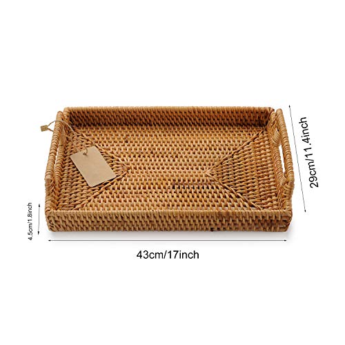 Hand-Woven Rattan Rectangular Serving Tray with Handles for Breakfast, Drinks, Snack for Coffee Table (17x11.4x1.8inches) - size: 17x11.4x1.8inches