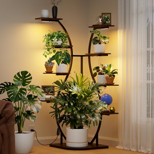 Barrina LS12 Corner Plant Stand with Grow Light, 62.2" Tall 9-Tier Plant Shelf for Large Plant, Warm Full Spectrum T5 Grow Lights, S-Shape Corner Flower Holder for Living Room, Home Decor, Gardening