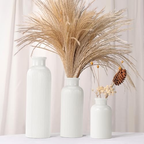 Small White Ceramic Vase Set of 3, Boho Modern White Flower Vase Room Decor, Farmhouse Decor, Vases for Your Kitchen, Bathroom, Bedroom, Living Room, Office&Shelf Centerpiece Table Decorations - color: White