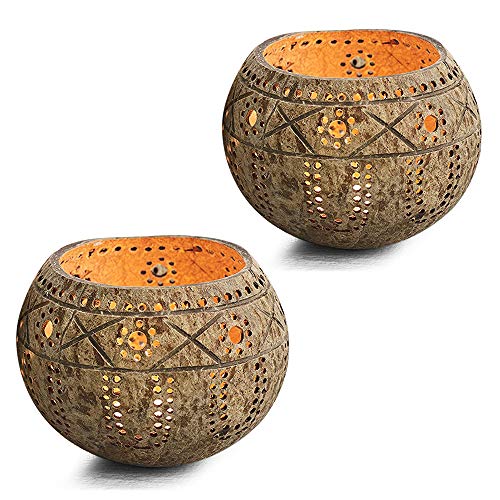QTMY 2 Pack Votive Candle Holders,Handmade Coconut Shell Candle Holder for Tealight Small Pillar,Rustic,Wooden Style