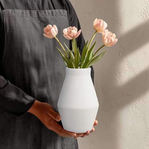 1pcs. White Vase for Home Decor Table, Living Room, Entryway Ceramic Geometric Wide-Mouth for Flowers Textured Matte Unglazed Pottery - White Height 9.41 in/Width 6.1 in/Opening 3.66 in - color: White, size: 10 inch