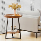 Gadroad Round End Table with Storage Shelf, 2 Tier Farmhouse Side Table Nightstand for Living Room, Bedroom, Wood Tabletop & Black Metal Frame, Brown 15.7 * 15.7 * 23.0inches - color: Brown, style: No Charging Station