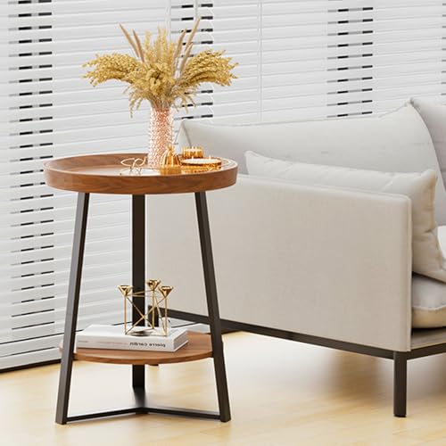 Gadroad Round End Table with Storage Shelf, 2 Tier Farmhouse Side Table Nightstand for Living Room, Bedroom, Wood Tabletop & Black Metal Frame, Brown 15.7 * 15.7 * 23.0inches - color: Brown, style: No Charging Station