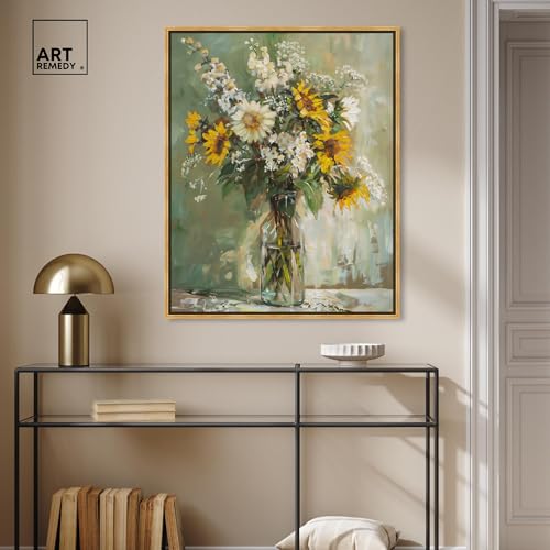 Art Remedy Sunflowers In A Glass Vase Canvas Vintage Farmhouse Wall Art, Gold Frame, 30" x 36" - color: Gold Frame, size: 37"L x 31"W