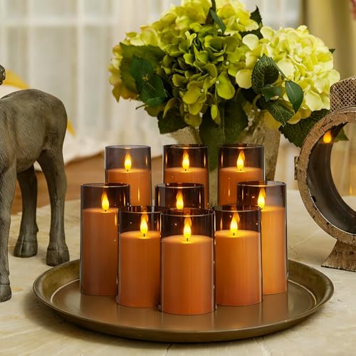 Homemory Gray Flickering Flameless Candles, Battery Operated Acrylic LED Pillar Candles with Remote Control and Timer, Halloween Decor, Set of 9 - color: Grey, 9Pack