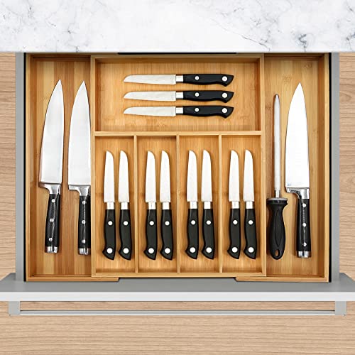 VaeFae Premium Bamboo Drawer Organizer, Expandable Silverware Drawer Organizer, Cutlery Tray with Dividers for Kitchen Utensils (Natural, Large) - color: Natural, size: Large
