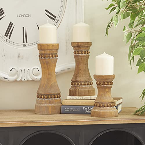 Deco 79 Wood Beaded Pillar Candle Holder, Set of 3 12", 9", 7"H, Brown - color: Brown, size: S/3 12", 9", 7"H