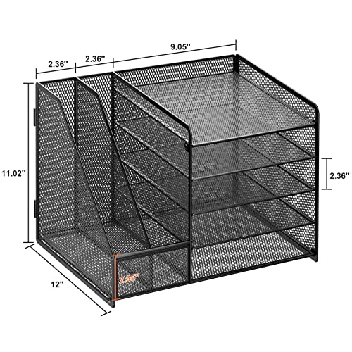 Marbrasse Desk Organizer with File Holder, 5-Tier Paper Letter Tray Organizer, Mesh Desk Organizers and Accessories with Magazine Holder, Desktop Storage for Office Supplies (Black) - color: Desk Organizer with File Holder No Drawer