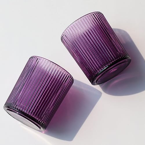 VOHO 12pcs Purple Votive Candle Holders for Christmas Holiday Decorations, Vintage Glass Votive Candle Holder for Coffee Table Centerpiece, Ribbed Tealight Candle Holder for Birthday Gifts - color: Purple