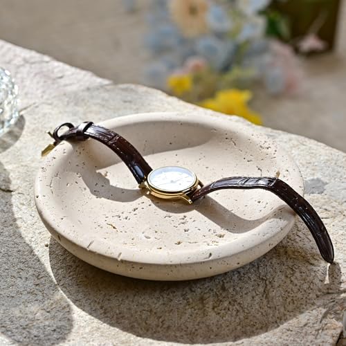 ZSHAWN Natural Beige Travertine Ring Dish Jewelry Tray – 5.5" Trinket Dish for Rings Earrings Necklace, Scratch-Resistant Vanity Organizer, Elegant Gift for Women - color: Beige Travertine