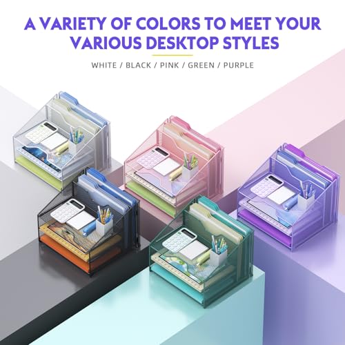 Samstar Purple Desk File Organizer, Mesh Letter File Folder Holder with 3 Paper Trays and 2 Vertical Upright Section, for Office Supplies, Desk Accessories & Workspace, Purple - color: 1 Pack Purple