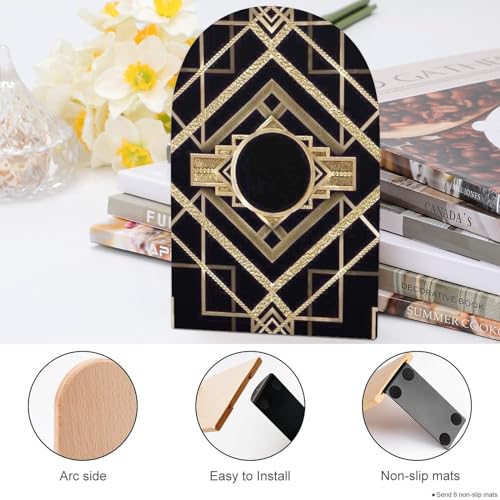 Wooden Bookends 2 Pcs,Art Deco Vintage Heavy Duty Office Book Ends Anti Slip Book Shelf Holder with Metal Base Decorative Book Stands - color: Art Deco Vintage