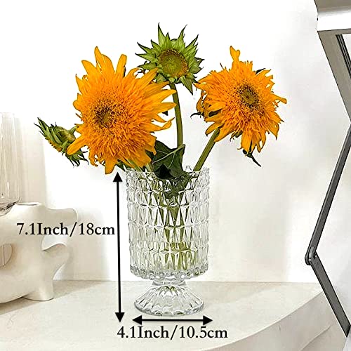 BLOFLO Embossed Glass Vase, 7'' Crystal Glass Vases, Pedestal Big Base Glass Bouquet Vase, Hydroponic Glass Transparent Vase for Home Office Wedding Dining Table Party (Long Rhombus Pattern) - color: Long Rhombus Pattern