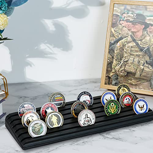 LIUYALO Military Challenge Coin Display Stand 6 Rows Stair Design Solid Wood Coin Holder Rack Gift for Military Army for Him Father Collectible Coins Holder Black Finish - color: black