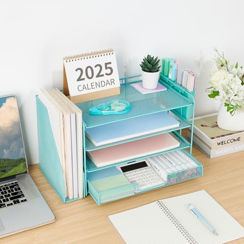 OPNICE Desk Organizer, 4-Tier Desktop File Organizer with Drawer and 2 Pen Holders, Office Desk Accessories, File Sorters, Workspace Organizers for Office Supplies(Teal Blue) - color: Teal Blue, size: 4-Tier