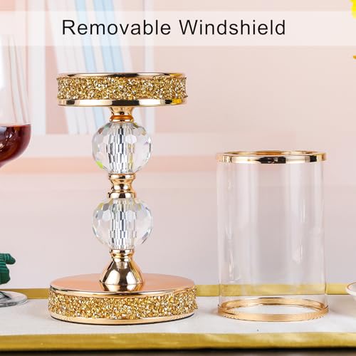 Pillar Candle Holder, 13 Inch Crystal Candlesticks for 3''X5'' Candles, Dining Coffee Table Decor, Wedding, Events, Parties - Glass and Gold Finish - size: 2 crystal balls