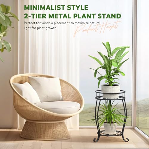 TOSKING 2-Tier & 9.1'' Single Metal Plant Stand Set – Single Stand with Adjustable Leveling Feet, Rustproof Heavy Duty Flower Pot Holder for Indoor/Outdoor, Stable Multiple Plant Rack for Balcony Garden Patio Living Room Bedroom, Black - size: 2Tier-19.5'