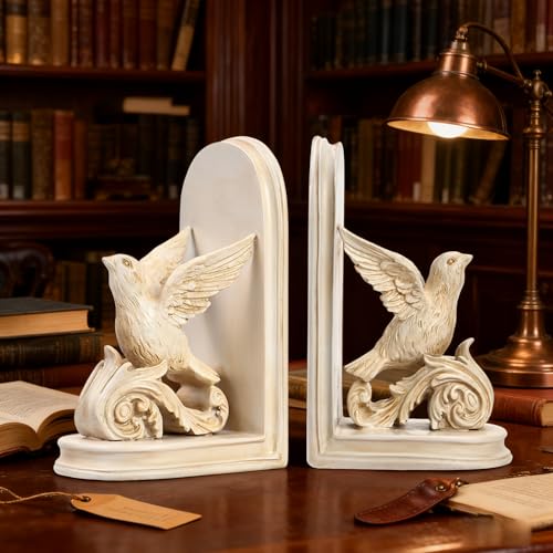 2PCS Vintage Bookends White Bird Decorative Bookends Resin Bookends for Rooms Decorative Book Ends for Heavy Books Antique Bookend (Retro White Bird) - color: Retro White