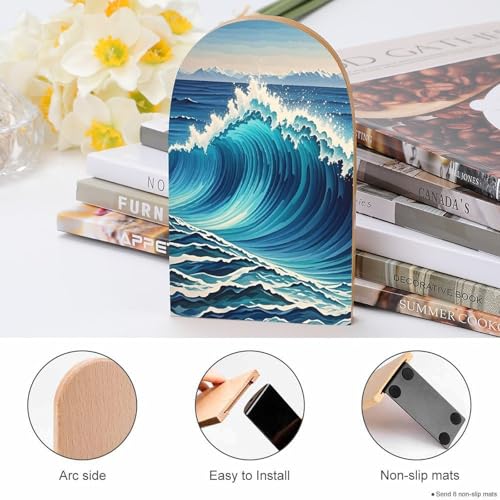 Blue Wave Art Bookends 1 Pair Heavy Duty Book Ends for Shelves Non-Skid Bookend Supports Wooden Book Holders with Metal Base Desk Organizers Books Storage to Hold Books