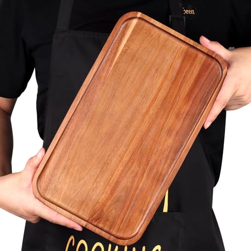 Medium Wooden Serving Trays for Party Long Charcuterie Boards Rectangle Acacia Wood Platter Fruit Dessert Tray for Food Dish Snack Cookie Appetizer Plates Cheese Board Kitchen Dinner Platters - size: 14" × 8" × 0.6"