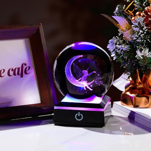 Qianwei Moon Fairy 3D Crystal Ball Laser Engraved Fairy Glass Ball Fairy Night Light Decorative Globes 3D Crystal Moon Sphere Fairy Gifts for Girl Her Fairy Lover - style: Fairy Moon