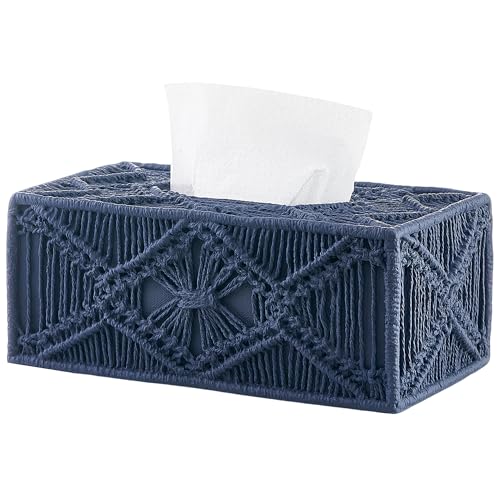 Woven Macrame Boho Tissue Box Cover Rectangular for Home Decor,Resin Heavy Woven Tissue Box Holder for Bathroom Kitchen Countertop,Bedroom, Vanity, Night Stand, Office, Waterproof Durable (Blue) - color: Boho Blue