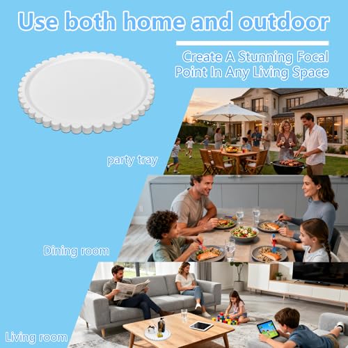 11.8 Inch Round Tray with Scalloped Edge, Decorative White Wood Tray for Coffee Table, Kitchen, Dining Room, Living Room Home Decor, Organization and Serving