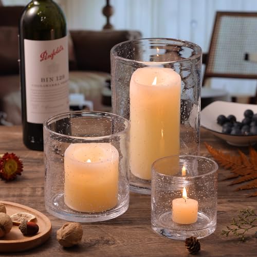 NITIME Hurricane Candle Holder Set of 3 Clear Candle Holders for Pillar Candles, Seeded Bubbles Glass Candle Holder for table centerpiece, Glass Cylinder Vases for Home, Patio and Wedding 8"4.7"3.5"H - color: Clear, size: Medium