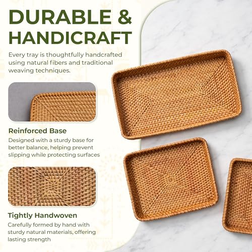 Set of 3 Rattan Serving Trays – Handwoven Wicker Trays for Bathroom, Kitchen, Coffee Table, Ottoman; Modern Farmhouse, Boho, Rustic & Coastal Home Decor - style: Natural Rattan Trays
