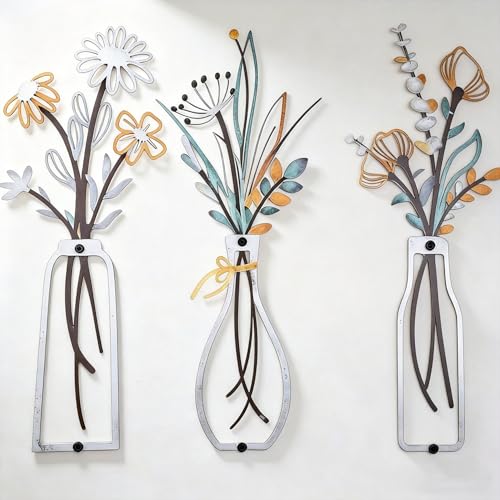 Set of 3 Colorful Metal Flower Wall Art, Modern Farmhouse Rustic Vase Wall Decor for Living Room Bathroom Kitchen Bedroom, Elegant Gift for Housewarming Spring Mother's Day for Homeowners - color: Colorful