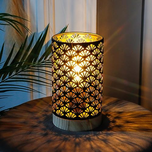 JHY DESIGN Metal Lamp Battery Powered 7.5''H Accent Cordless Lamp with 6-Hours Timer Battery Lamp for Weddings Party Patio Garden Indoors Outdoors Table Balcony（with Wooden Base） - color: Fan Patterned