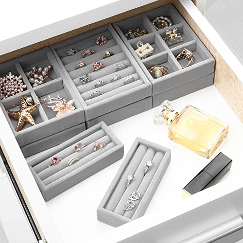 DesignSter Small Jewelry Tray, 2PCS Ring Organizer, Velvet Jewelry Display Tray, Stackable Jewelry Organizer Trays, Jewelry Drawer Organizer Inserts For Dresser, Jewelry Box (Gray) - color: Gray, size: 3 Slots