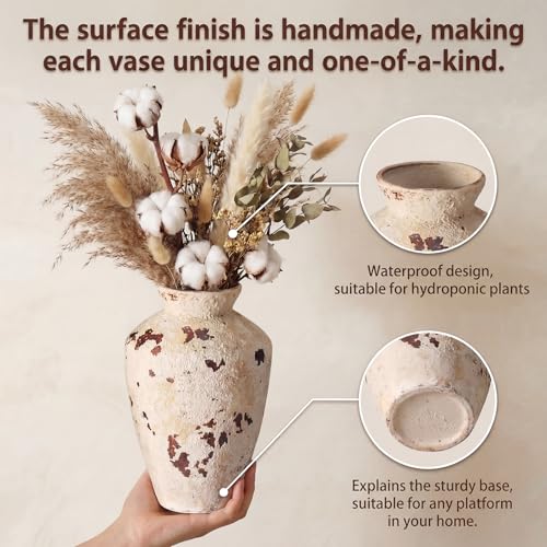 Rustic Ceramic Vase Terracotta Farmhouse Vase for Flowers Stone Vases 9.5 Inch Retro Country Table Centerpieces Vintage Home Decor for Living Room Shelf Entryway Kitchen Wedding Party Decor