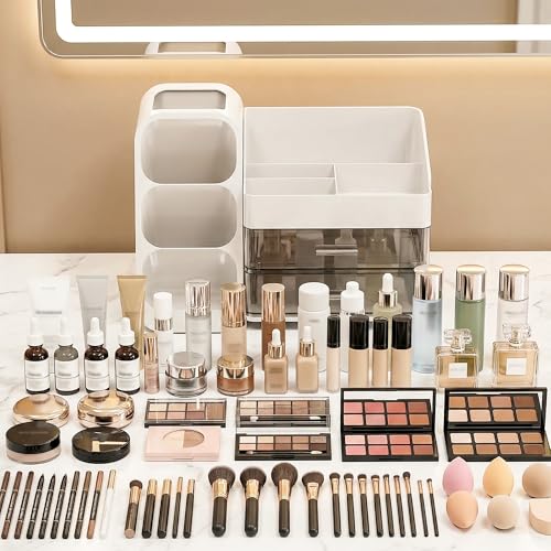 Large Capacity Makeup Organizer Countertop with Makeup Brush Holder for Vanity, Thickened Material, Bathroom Countertop Organizer Skin Care Perfumes Storage, Teen Girl Gifts for 12-23 Year（white） - color: White