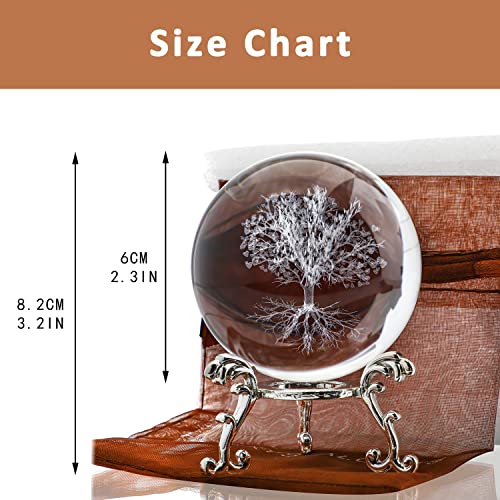 H&D HYALINE & DORA 60mm Tree of Life Crystal Ball with Stand Decorative Paperweight 3D Laser Engraved Glass Plant Life Tree Sphere Novelty Home Decor - color: 60mm Tree of Life