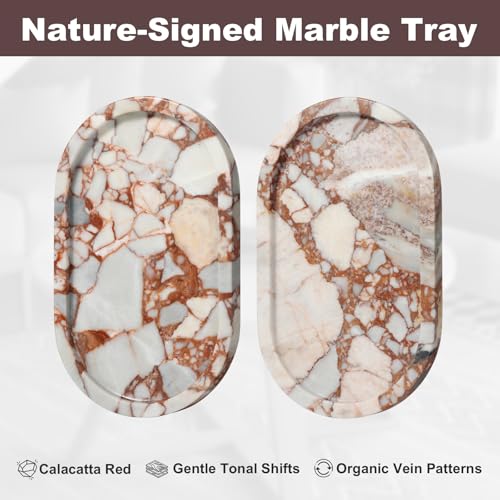 Red Marble Oval Tray 10x6 Inch - Vanity & Bathroom Organizer, Jewelry Dish, Coffee Table Decor - Natural Stone Desktop Catchall - style: Calacatta Red - 1 Pack