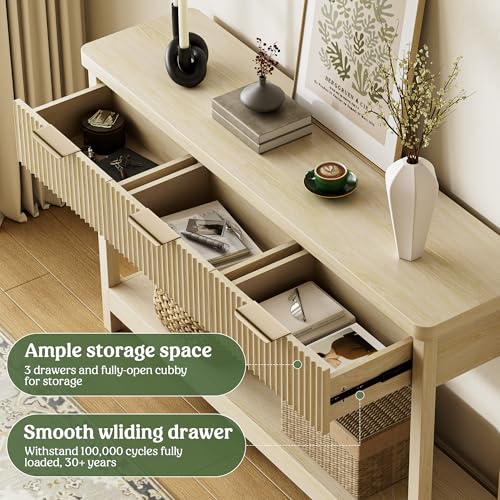Lulive 51" Fluted Console Table for Entryway, Entryway Table with 3 Wooden Drawers, Farmhouse Behind Sofa Table for Living Room, Hallway, Couch, Foyer - color: Natural