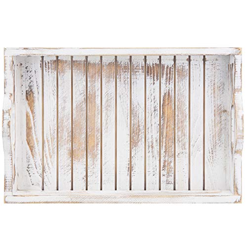 MyGift Shabby Chic Whitewashed Wood Breakfast Serving Tray with Cutout Handles with Slatted Design, Breakfast Ottoman Coffee Table Tray, 16 x 11 Inches